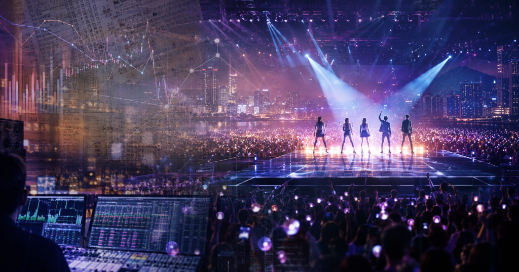 A global K-pop concert layered with Seoul’s skyline, recording equipment, and financial charts representing the capital and history behind the industry.