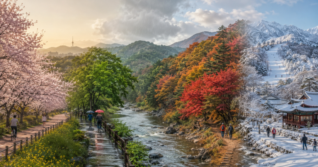 Four seasons in South Korea with spring blossoms, summer rain, autumn foliage, and snowy winter mountains
