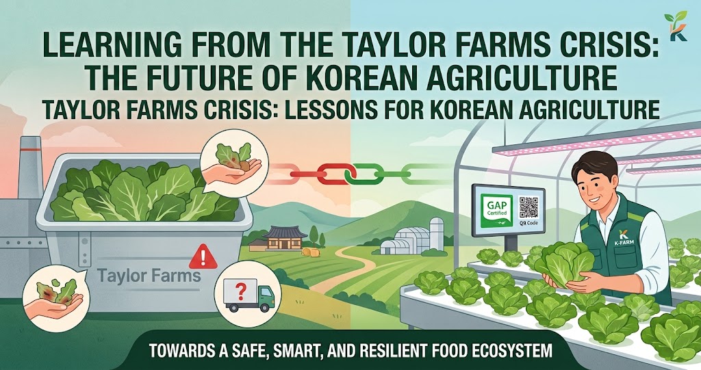 Illustration connecting the Taylor Farms food safety crisis with lessons for safer, smarter, and more resilient Korean agriculture.