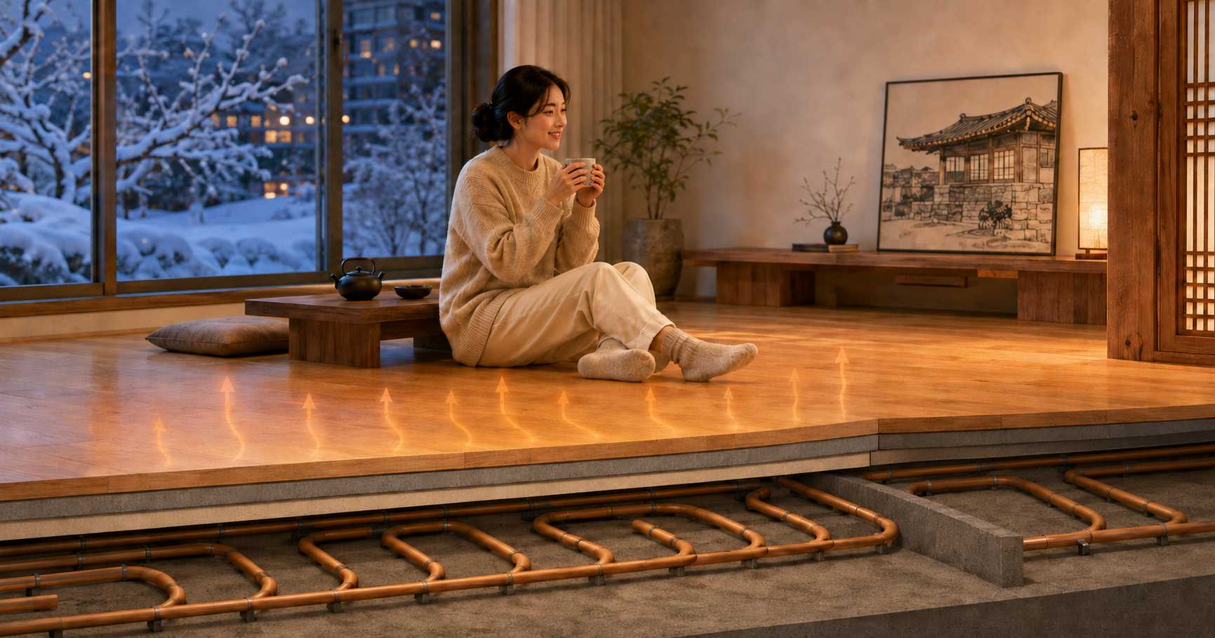 a korean ondol floor showing hot water pipes installed beneath a warm wooden floor