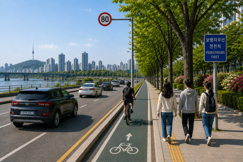 A Seoul riverside road with cars, a separated bicycle path, pedestrians, and the city skyline on a clear day.