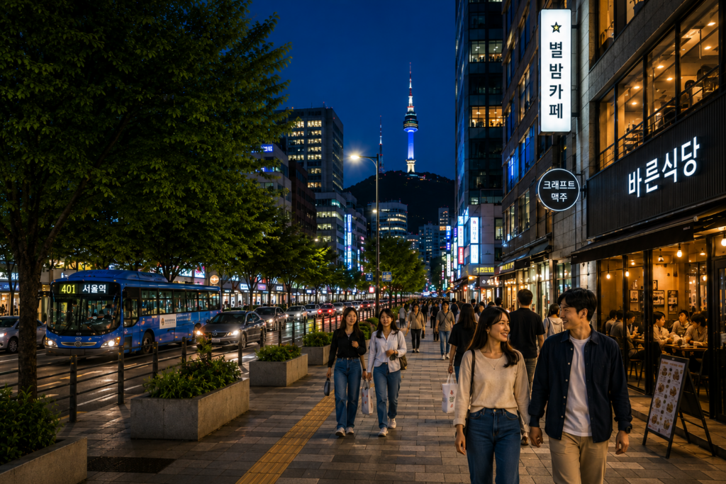 A lively Seoul street at night with pedestrians, restaurants, public transportation, and Seoul Tower, illustrating everyday safety in South Korea.