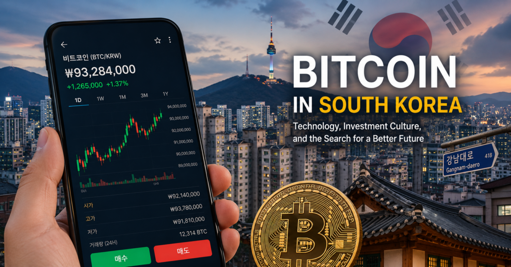 a vertical composition featuring a smartphone bitcoin chart, seoul apartments, and subtle korean city