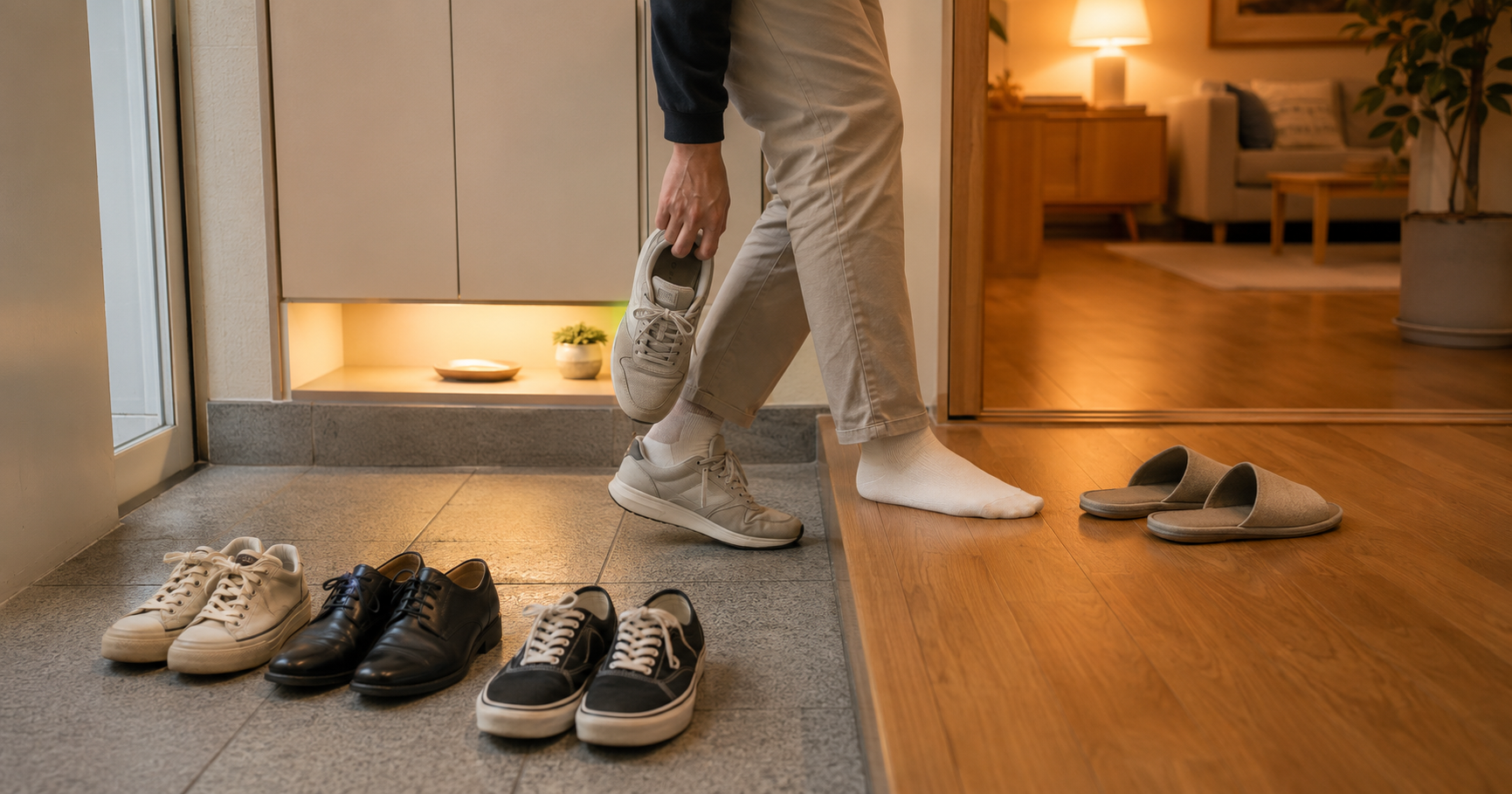 a visitor removing shoes at the lowered entrance of a korean apartment before stepping onto the wooden floor