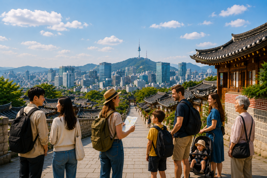 Different types of travelers exploring South Korea together in a safe and welcoming urban setting.