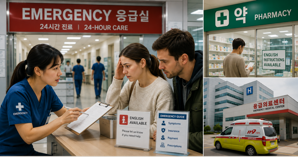 International travelers receiving medical assistance in South Korea, with an emergency room, pharmacy, ambulance, language support, and hospital information.