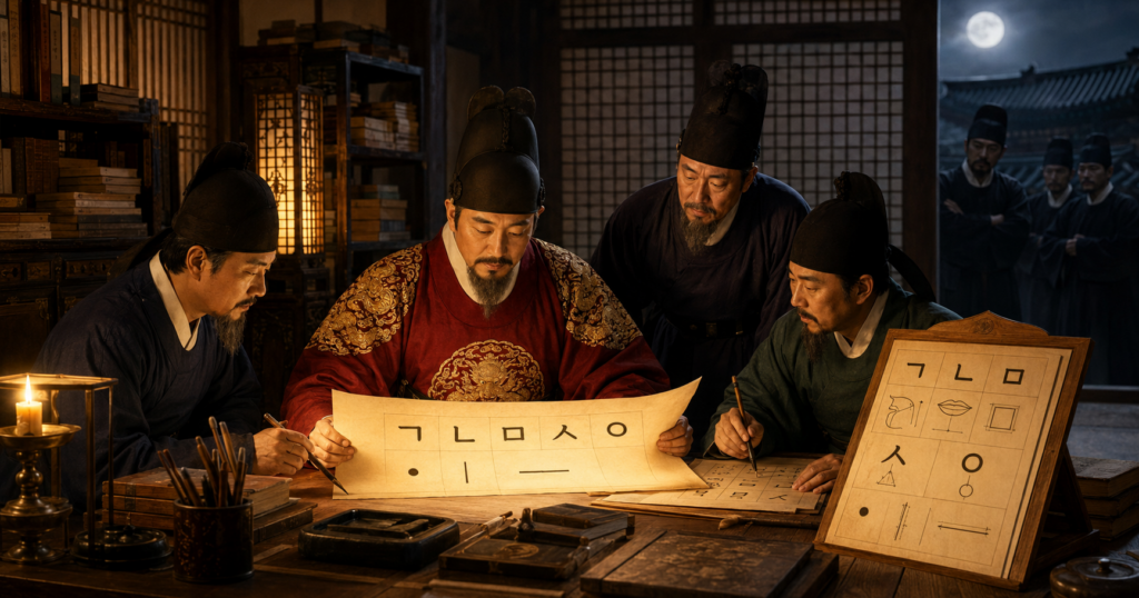 king sejong and joseon scholars developing the scientific principles of hangeul while opposing officials watch from outside74