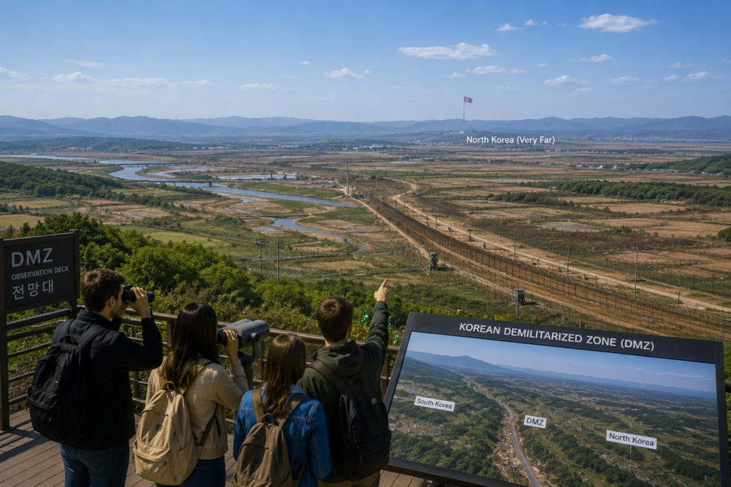 Visitors looking across the Korean DMZ from South Korea, with border fences in the foreground and North Korea visible in the far distance.