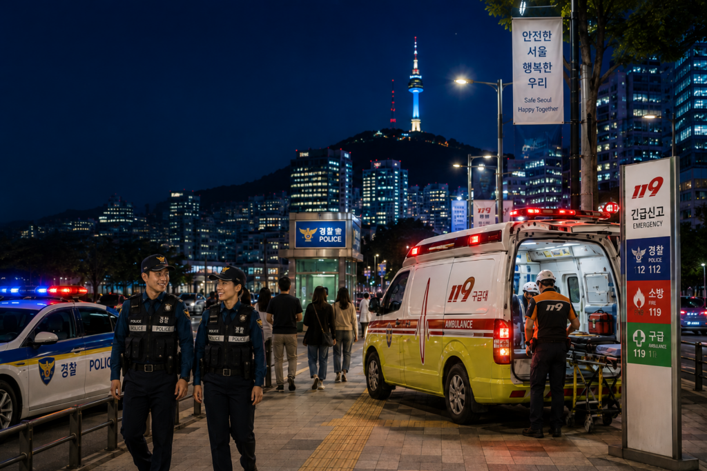 Police officers and emergency responders on a Seoul street at night, illustrating crime prevention, personal security, and emergency services in South Korea.