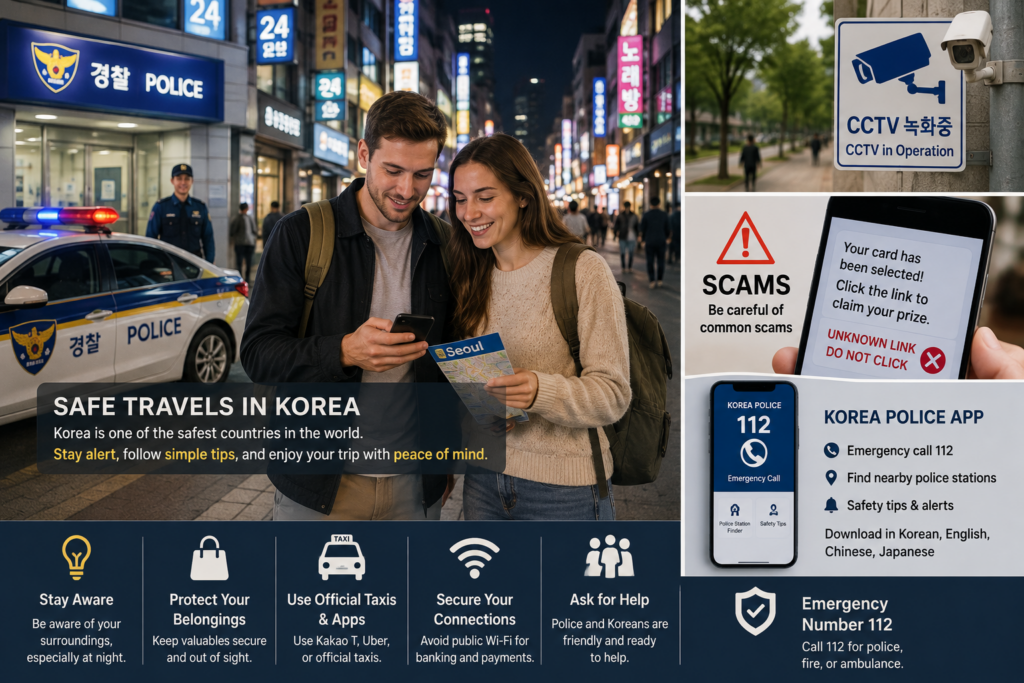 International travelers exploring Seoul at night, with police services, CCTV, scam awareness, and personal safety information.
