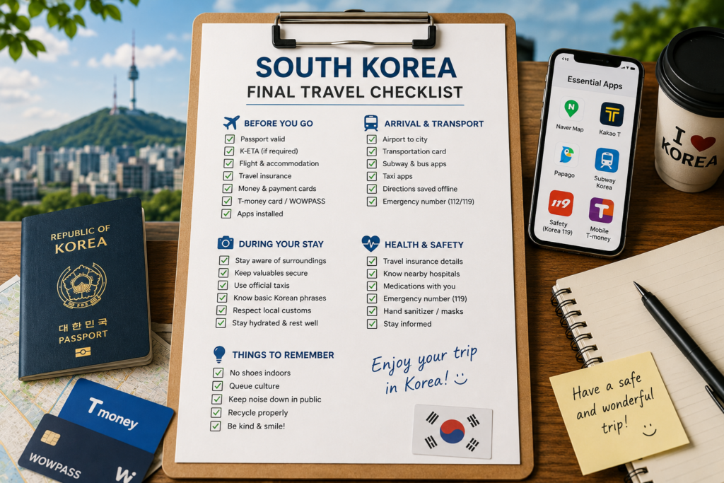 South Korea travel checklist with a passport, transportation cards, essential travel apps, emergency information, and a Seoul city view.