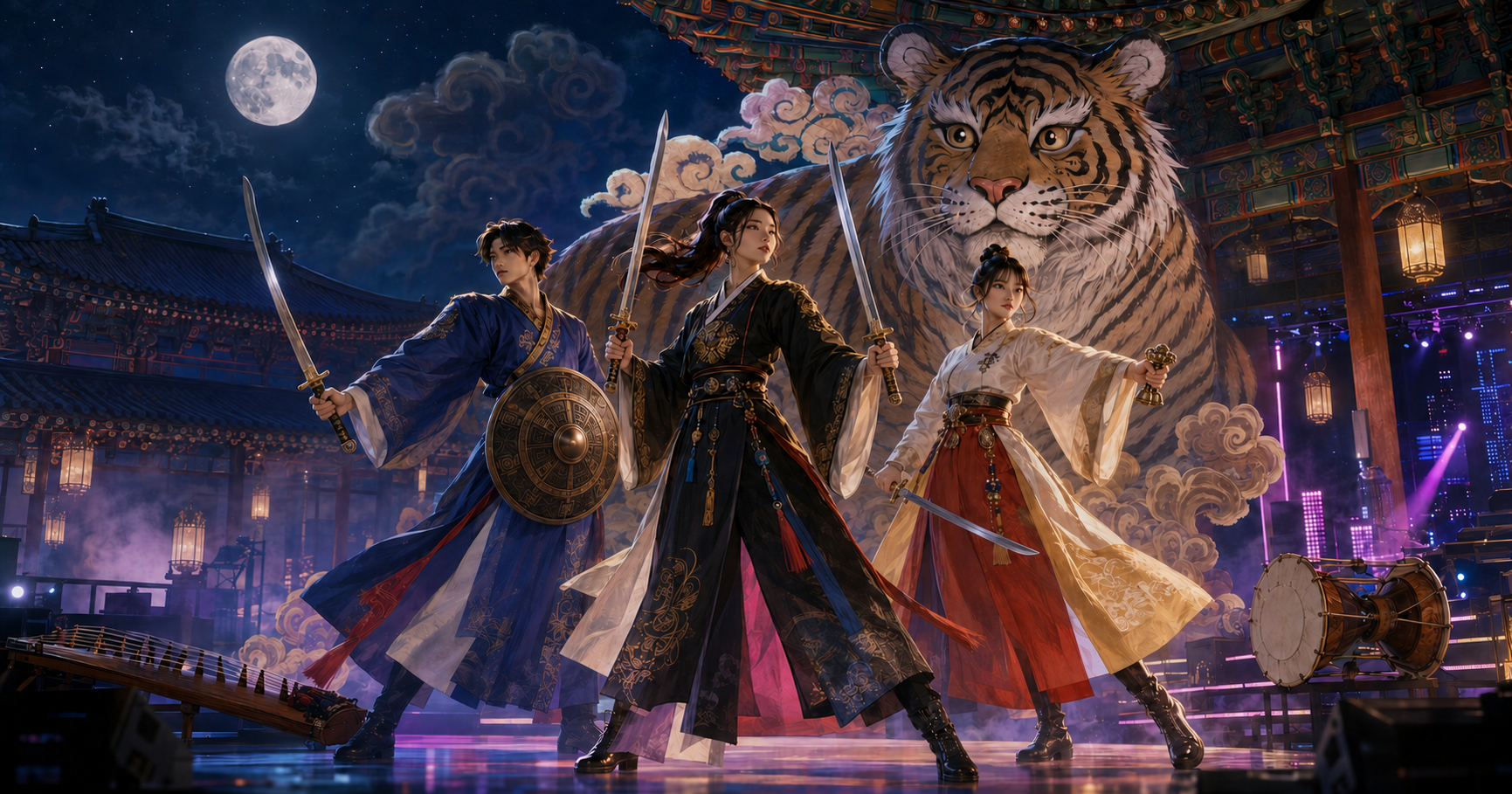 three k pop inspired korean guardians holding swords, a shield, and a shamanic bell beside a minhwa tiger
