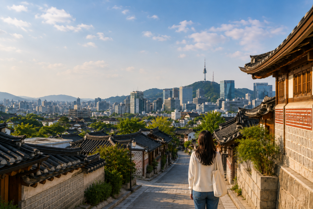 Traditional Korean hanok neighborhood overlooking the Seoul skyline, illustrating everyday safety and travel in South Korea.