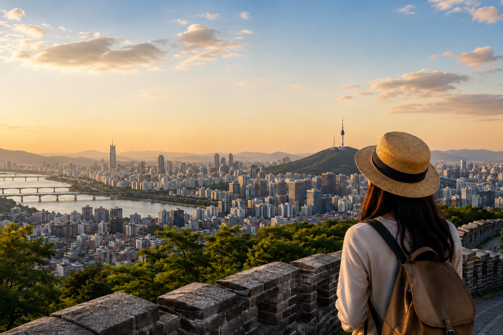 Traveler overlooking the Seoul skyline and Han River at sunset, representing a safe and welcoming journey through South Korea.