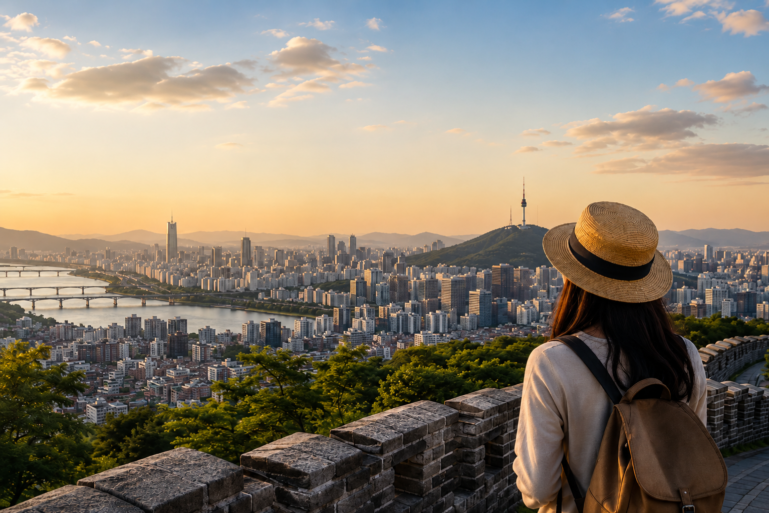 Traveler overlooking the Seoul skyline at sunset