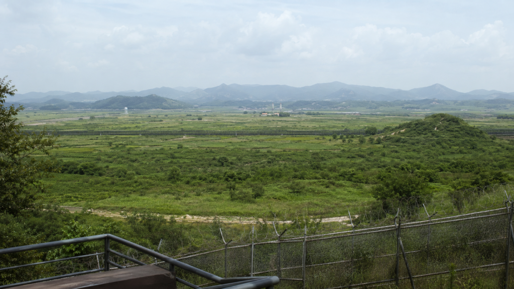 A view of the Demilitarized Zone separating South Korea and North Korea.