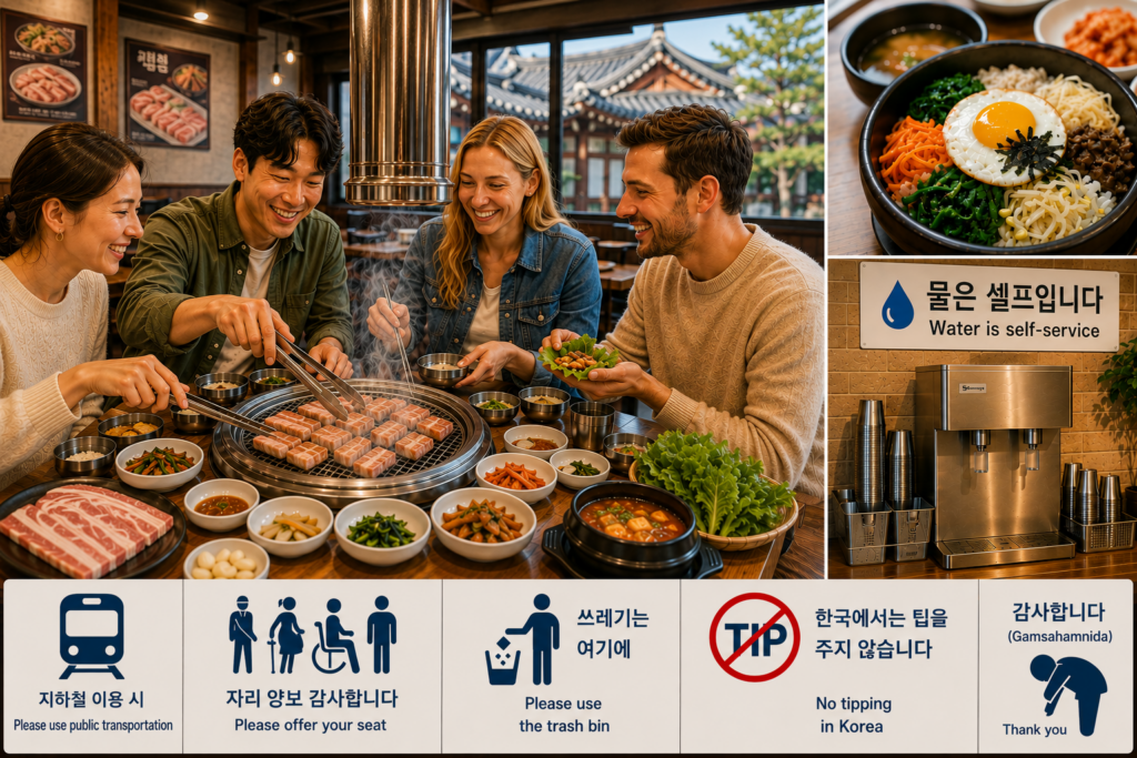 Travelers enjoying a Korean meal, with bibimbap, a self-service water station, and illustrations of common cultural etiquette in South Korea.