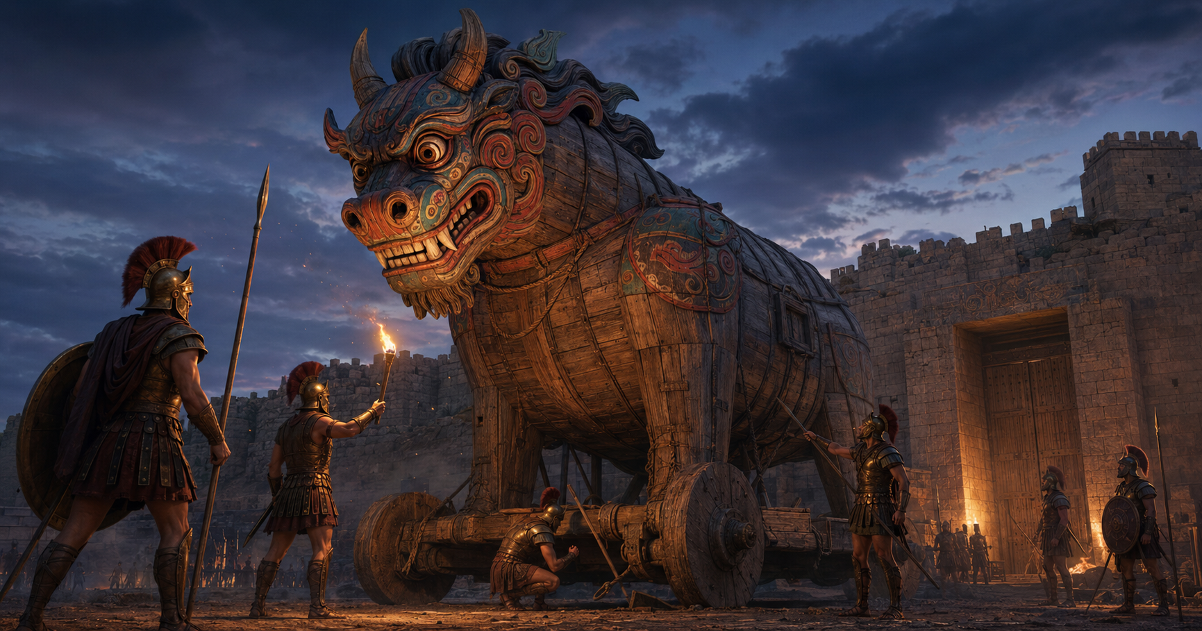 Trojan soldiers cautiously inspecting a giant wooden horse shaped like a Korean dokkaebi.